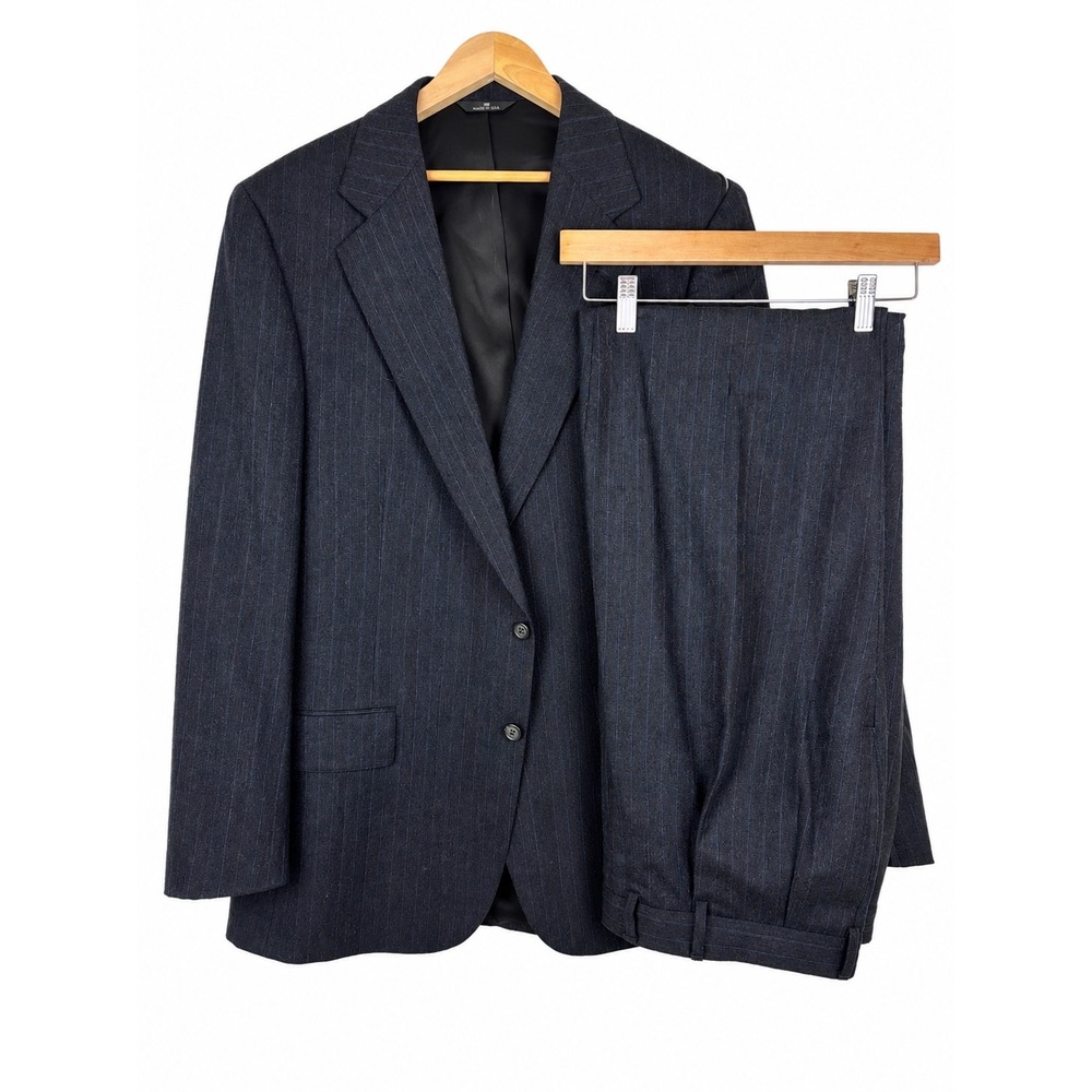 VTG Polo Ralph Lauren Suit 44R  36/32 Charcoal Blue Pinstripe Virgin Wool Office
